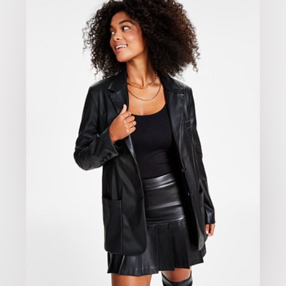 Bar III Women's Faux-Leather Blazer black XS New with tags